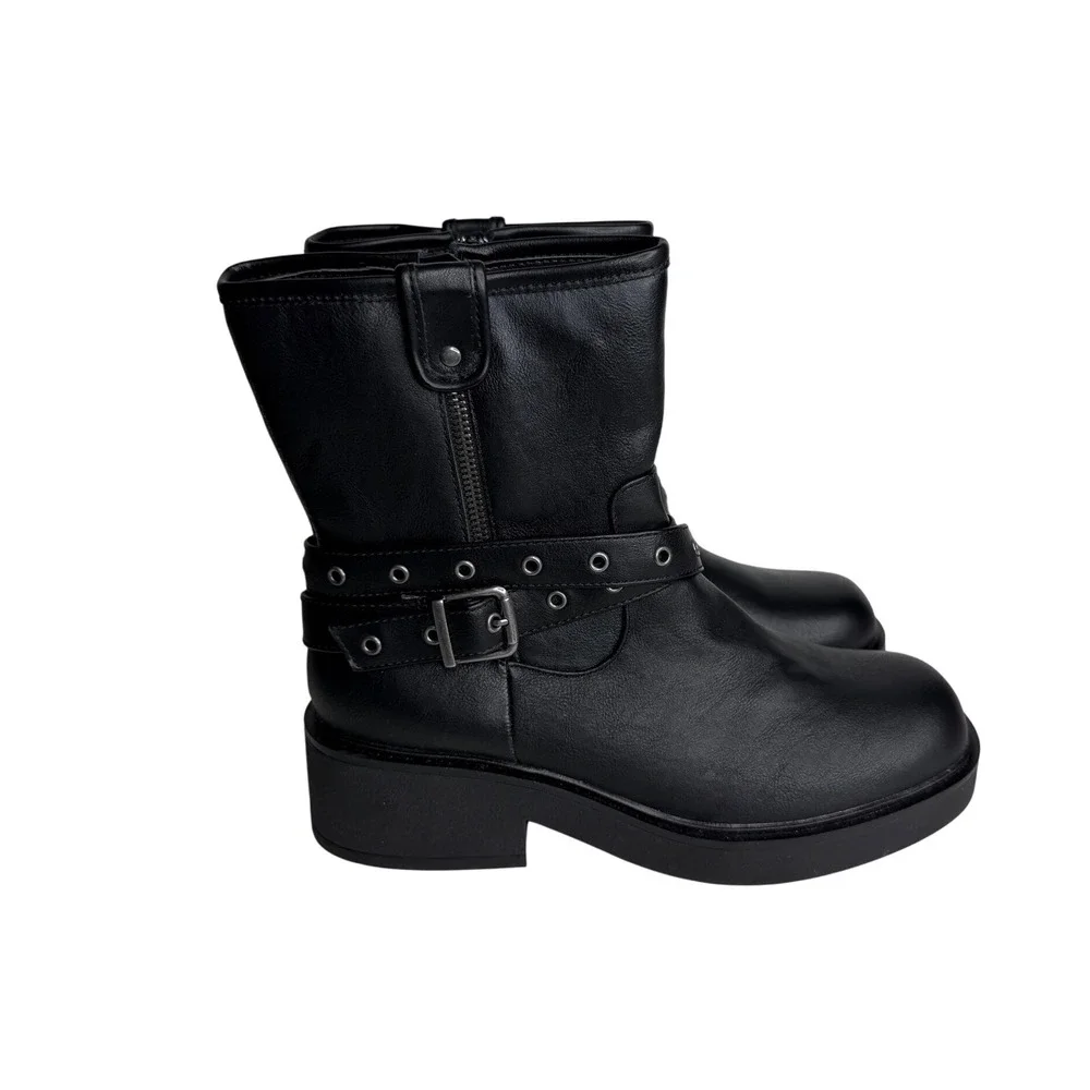 NEW POP‎ Billboard Motorcycle Combat Ankle Faux Leather Black Size 9